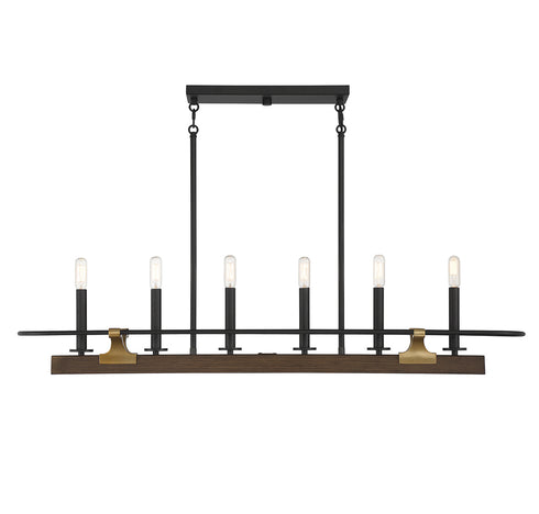 Icarus 6-Light Linear Chandelier in Burnished Brass with Walnut