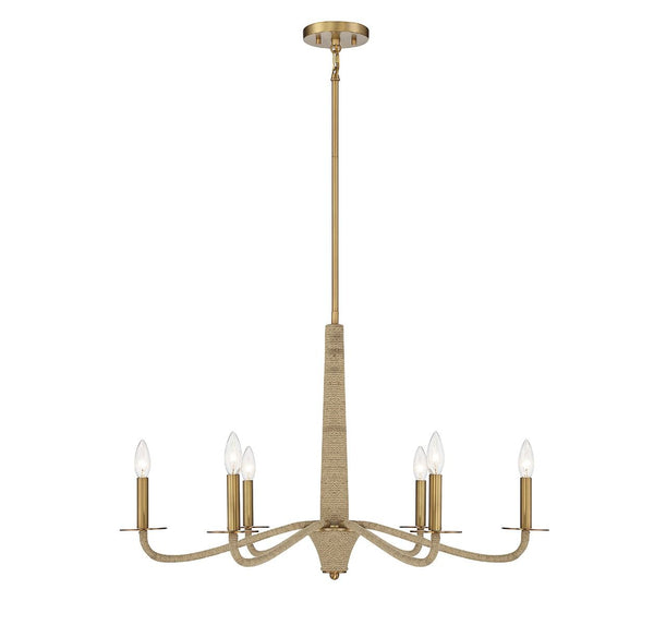 Cannon 6-Light Chandelier in Warm Brass and Rope