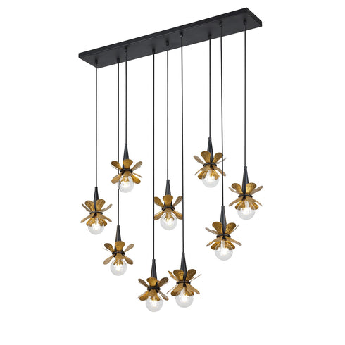 Portinatx 9-Light Linear Chandelier in Satin Black with Hammered Gold by Breegan Jane