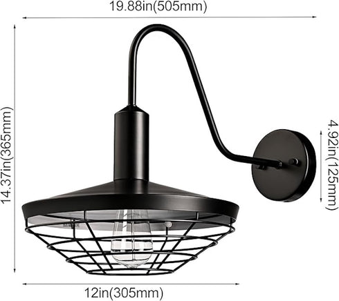Rustica Black Wall Sconce 1-Light Farmhouse Gooseneck Wall Light Fixture with Barn Shade