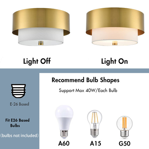Modern Gold Ceiling Light Flush Mount with White Linen Shade
