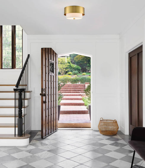 Modern Gold Ceiling Light Flush Mount with White Linen Shade