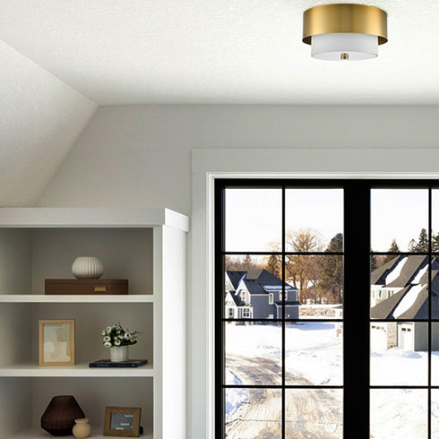 Modern Gold Ceiling Light Flush Mount with White Linen Shade