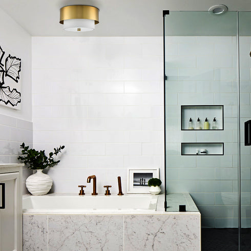 Modern Gold Ceiling Light Flush Mount with White Linen Shade