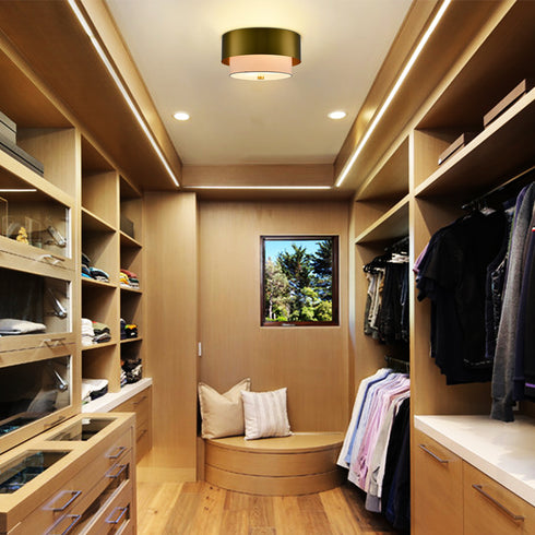 Modern Gold Ceiling Light Flush Mount with White Linen Shade