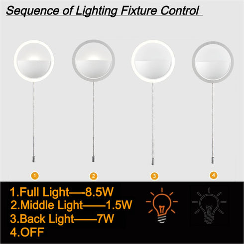 Simple Round Acrylic LED Wall Sconce 8.5W-4000K with Pull Chain Switch