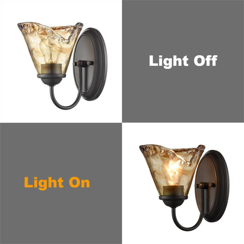 Rustic Finish Wall Sconce Vintage Vanity Light with Amber Glow Glass Shade Set of 2