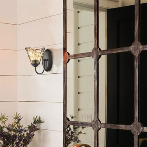 Rustic Finish Wall Sconce Vintage Vanity Light with Amber Glow Glass Shade Set of 2