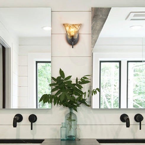 Rustic Finish Wall Sconce Vintage Vanity Light with Amber Glow Glass Shade Set of 2