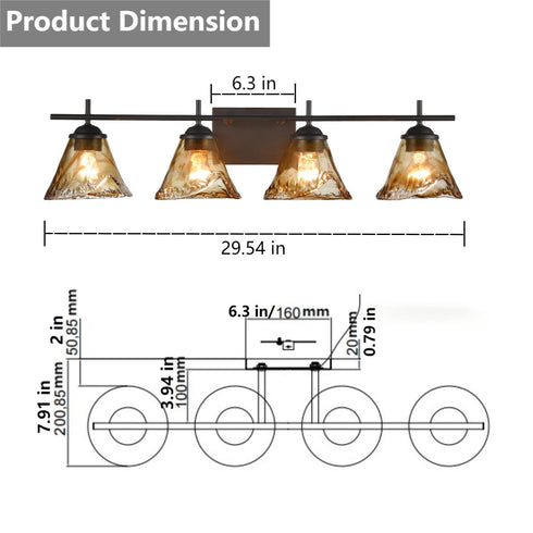 Vintage Style Wall Lamp 4 Light Bathroom Vanity Light with Amber Glow Glass Shade