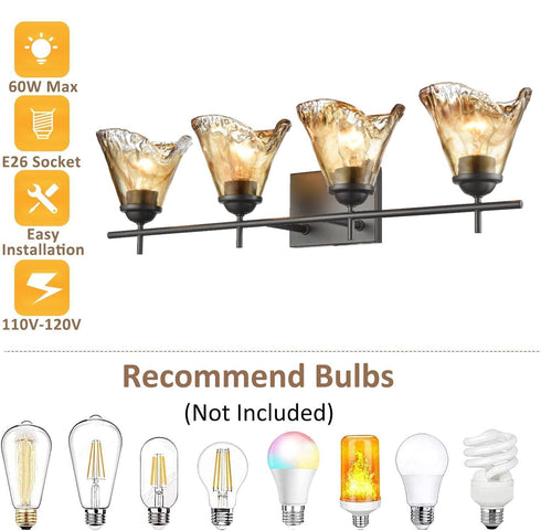 Vintage Style Wall Lamp 4 Light Bathroom Vanity Light with Amber Glow Glass Shade