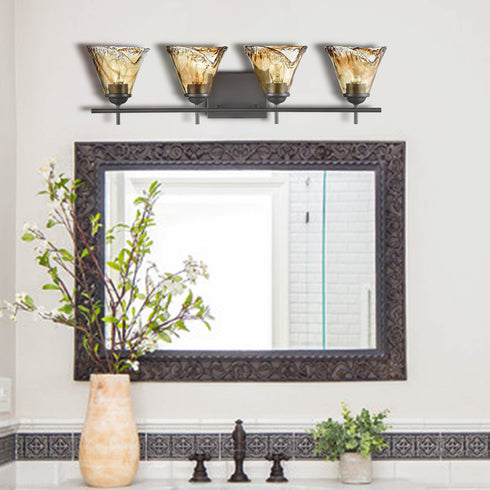 Vintage Style Wall Lamp 4 Light Bathroom Vanity Light with Amber Glow Glass Shade