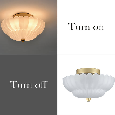 3-light Modern Gold Metal with Scalloped Milk Glass Semi Flush Mount Ceiling Light for Living Room