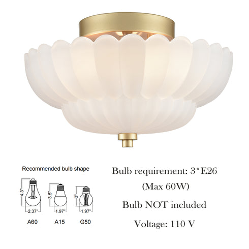 3-light Modern Gold Metal with Scalloped Milk Glass Semi Flush Mount Ceiling Light for Living Room