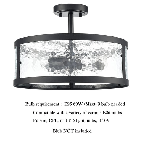 Farmhouse Semi Flush Mount Ceiling Light with Hammered Glass 3- Light