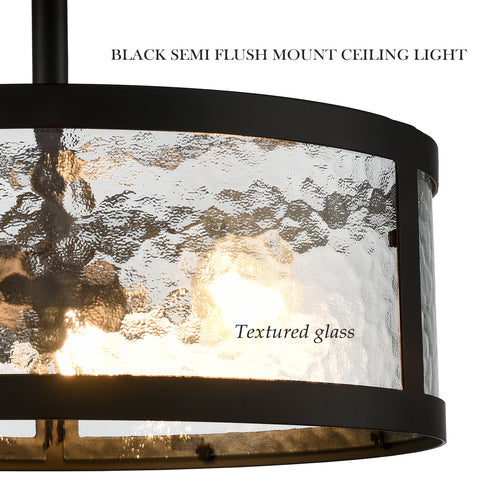 Farmhouse Semi Flush Mount Ceiling Light with Hammered Glass 3- Light