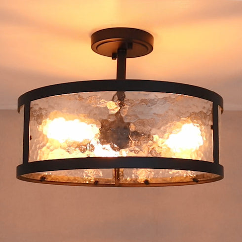 Farmhouse Semi Flush Mount Ceiling Light with Hammered Glass 3- Light