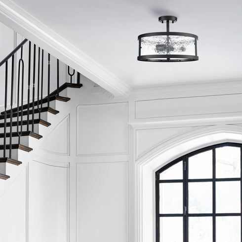 Farmhouse Semi Flush Mount Ceiling Light with Hammered Glass 3- Light