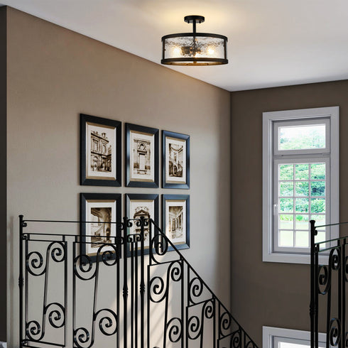 Farmhouse Semi Flush Mount Ceiling Light with Hammered Glass 3- Light