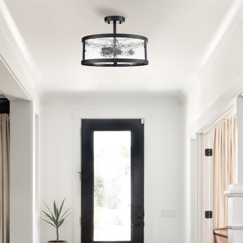 Farmhouse Semi Flush Mount Ceiling Light with Hammered Glass 3- Light