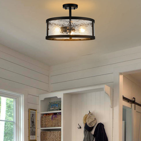 Farmhouse Semi Flush Mount Ceiling Light with Hammered Glass 3- Light