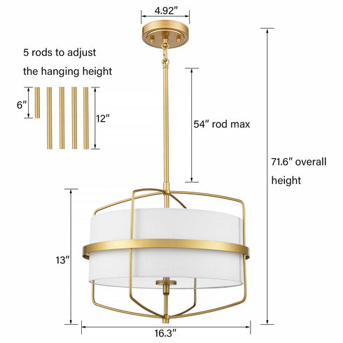 Mid Century Modern Drum Chandelier Pendant Light with Fabric Shade
