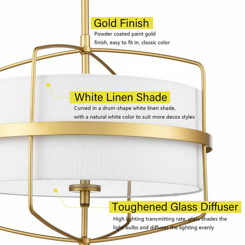 Mid Century Modern Drum Chandelier Pendant Light with Fabric Shade