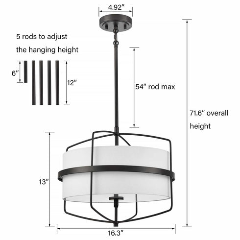 Farmhouse Black Drum Chandelier Light with Fabric Shade