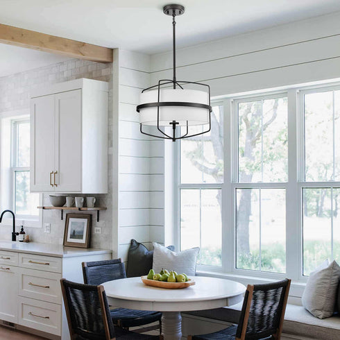 Farmhouse Black Drum Chandelier Light with Fabric Shade