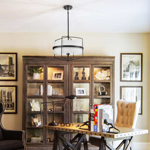 Farmhouse Black Drum Chandelier Light with Fabric Shade