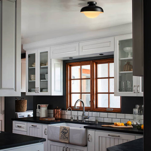 Modern Black Barn Ceiling Light Fixture Opal Glass Shade