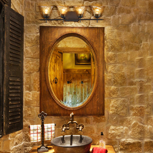 Vintage Style Wall Lamp 4 Light Bathroom Vanity Light with Amber Glow Glass Shade