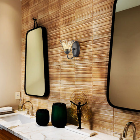 Rustic Finish Wall Sconce Vintage Vanity Light with Amber Glow Glass Shade Set of 2