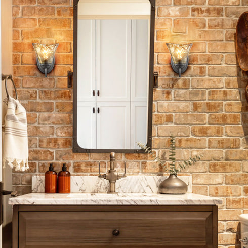 Rustic Finish Wall Sconce Vintage Vanity Light with Amber Glow Glass Shade Set of 2