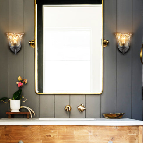 Rustic Finish Wall Sconce Vintage Vanity Light with Amber Glow Glass Shade Set of 2