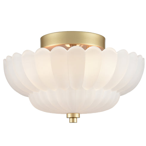 3-light Modern Gold Metal with Scalloped Milk Glass Semi Flush Mount Ceiling Light for Living Room
