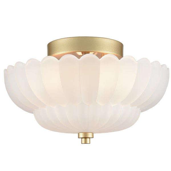 3-light Modern Gold Metal with Scalloped Milk Glass Semi Flush Mount Ceiling Light for Living Room