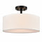 3-Light Black Semi Flush Mount Ceiling Light with Fabric Drum Shade