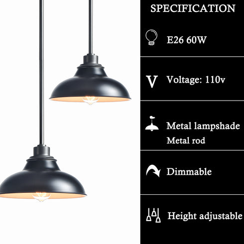 Black Pendant Light Fixture Dome Kitchen Islands Hanging Light Metal Rod