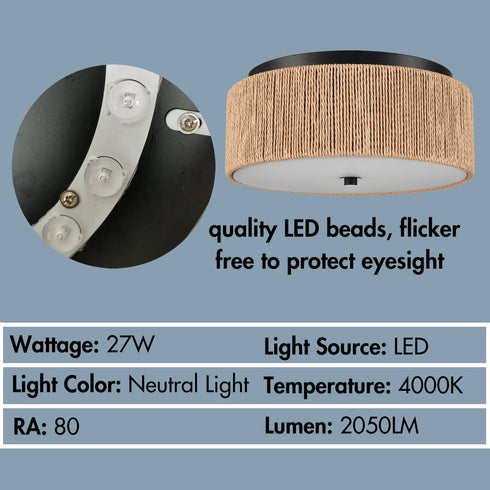 LED Flush Mount Ceiling Light Brown Paper Twine Shade