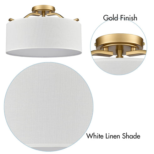 Modern Gold Ceiling Light with Drum Linen Shade 3 Sockets