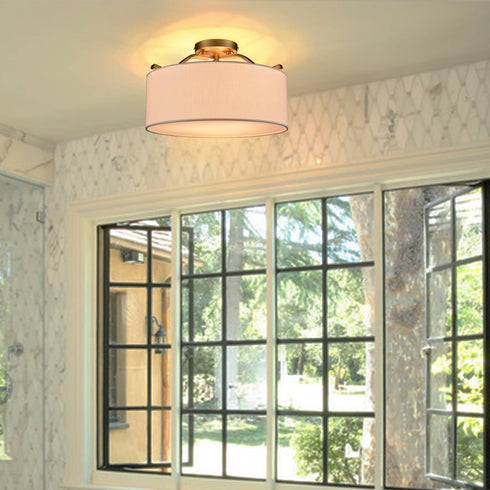 Modern Gold Ceiling Light with Drum Linen Shade 3 Sockets