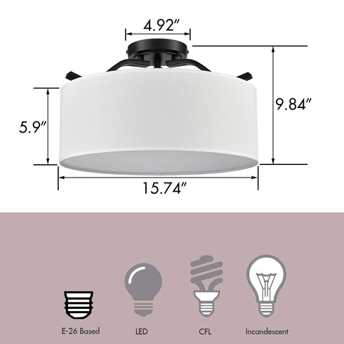 Modern Farmhouse Ceiling Light with Drum Linen Shade Black