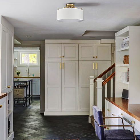 Modern Gold Ceiling Light with Drum Linen Shade 3 Sockets