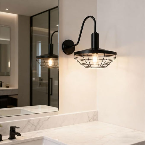 Rustica Black Wall Sconce 1-Light Farmhouse Gooseneck Wall Light Fixture with Barn Shade