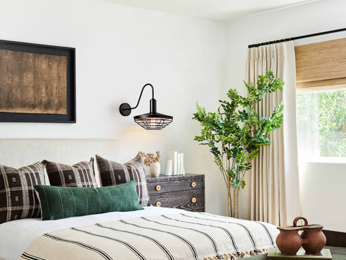 Rustica Black Wall Sconce 1-Light Farmhouse Gooseneck Wall Light Fixture with Barn Shade