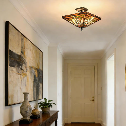 Caramanico Tiffany Style 3-Light Semi-Flush Mount Stained Glass Ceiling Light