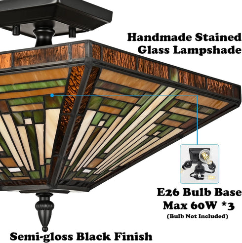 Caramanico Tiffany Style 3-Light Semi-Flush Mount Stained Glass Ceiling Light