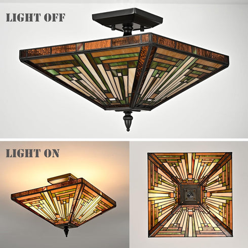Caramanico Tiffany Style 3-Light Semi-Flush Mount Stained Glass Ceiling Light