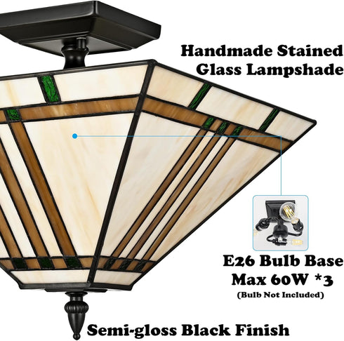 Guardiagrele Tiffany Style 3-Light Semi-Flush Mount Geometric Stained Glass Ceiling Light